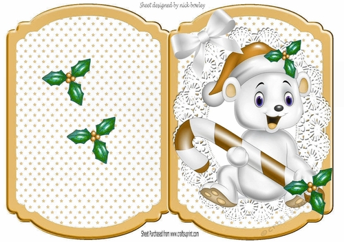 Cute polar bear with candy, in gold star cut and fold bracket card