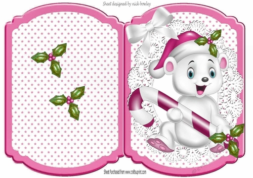 Cute polar bear with candy, in pink star cut and fold bracket card