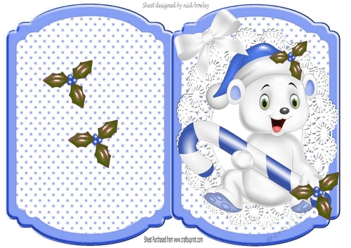 Cute polar bear with candy, in blue star cut and fold bracket card
