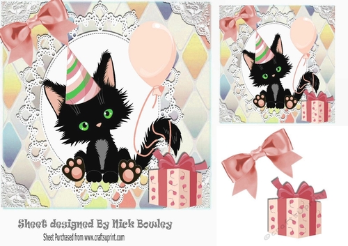 Cute black kitty in rainbow diamond frame with peach bows 7x7