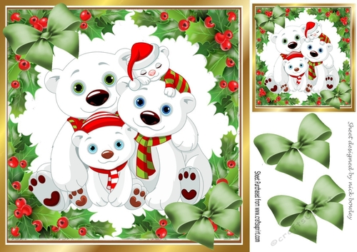 Cute family of polar bears in holly frame with bows 8x8