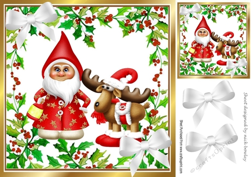 Cute Reindeer with gnome in red berry holly 8x8 frame