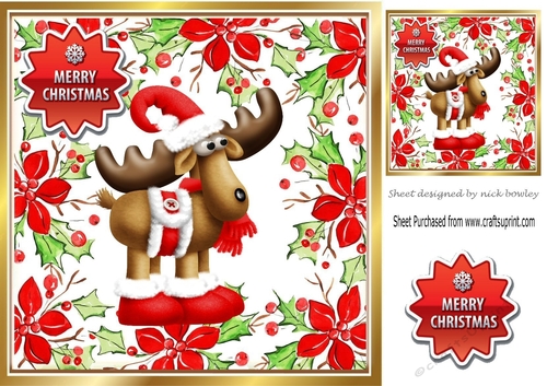 Toony Reindeer in holly and berry 8x8 frame