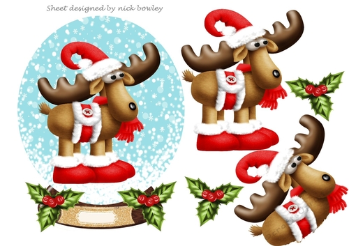 Toony reindeer in snow globe with holly