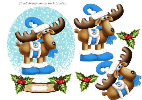 Toony Reindeer in blue in holly and berry 8x8 frame