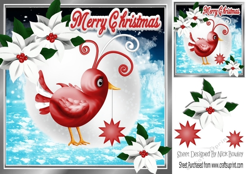  cute little red  bird holding star with poinsettias 8x8