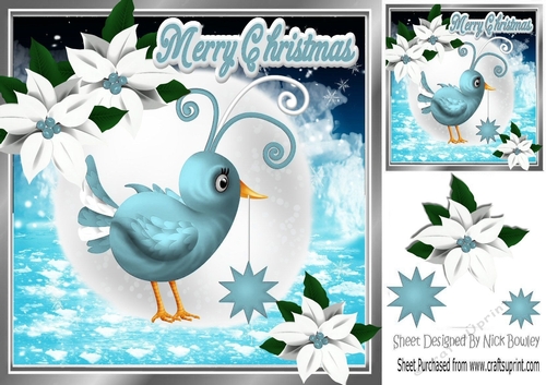 cute little blue  bird holding star with poinsettias 8x8