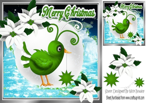 cute little green  bird holding star with poinsettias 8x8