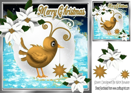 cute little gold  bird holding star with poinsettias 8x8