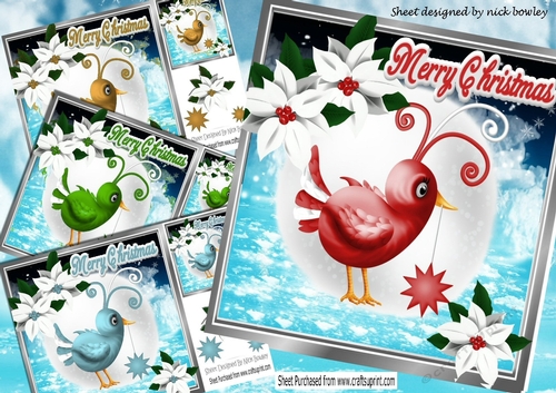  4 cute winter birds holding stars with poinsettias card fronts 8x8 mini kit