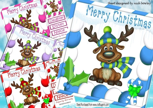 4 Toony reindeers in bauble frames card fronts 8x8 mini kit