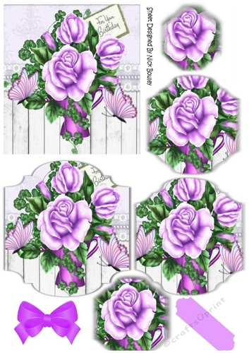 pretty lilac roses, on wood panel and lace bracket pyramids with butterflies