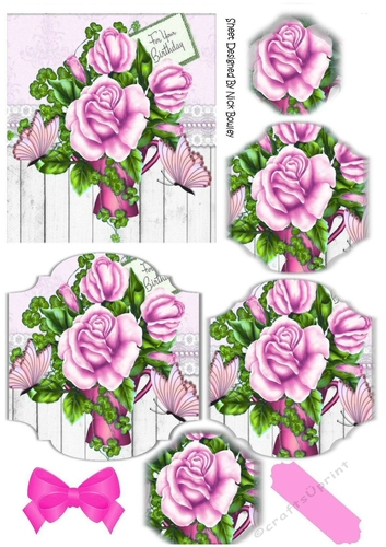 pretty pink roses, on wood panel and lace bracket pyramids with butterflies