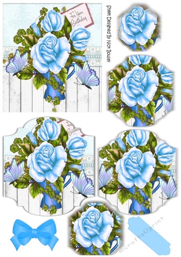 pretty blue roses, on wood panel and lace bracket pyramids with butterflies