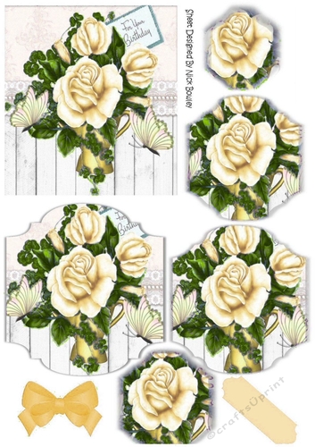 pretty gold roses, on wood panel and lace bracket pyramids with butterflies