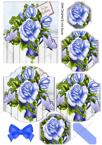 pretty shades of blue roses, on wood panel and lace bracket pyramids with butterflies