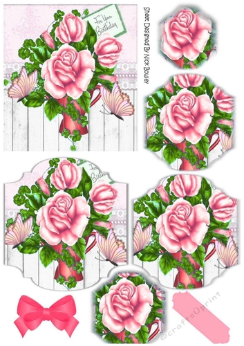 roses pink, on wood panel and lace bracket pyramids with butterflies