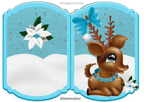 Cute doe eyed deer  in the snow with poinsettia bracket card