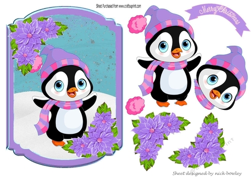 Cute penguin in hat and scarf with purple poinsettias topper