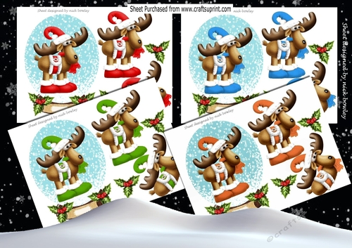  4 cute Toony reindeers in snow globes with holly card toppers mini kit