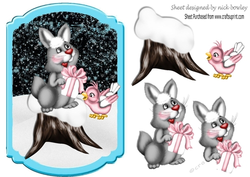 Cute bunny on snow log with little pink bird 