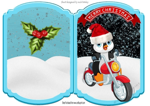 Lovely penguin on a motor bike in a santa hat bracket card