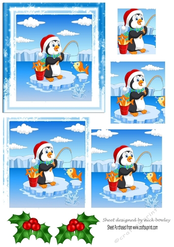 Cute penguin fishing on ice with holly square pyramids