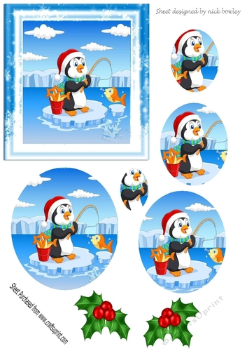 Cute penguin fishing on ice with holly oval pyramids