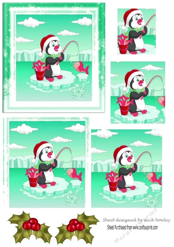 Cute penguin fishing on ice with holly square pyramids (turq)