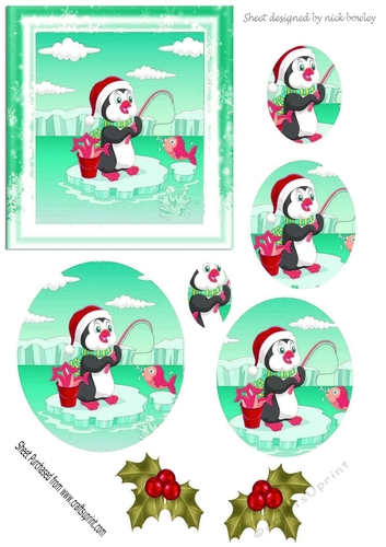 Cute penguin fishing on ice with holly oval pyramids (turq)