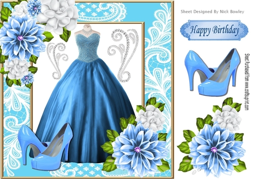 Pretty blue ball gown with flowers and shoes in lace ornate 8x8 frame