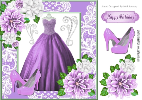 Pretty lilac ball gown with flowers and shoes in lace ornate 8x8 frame