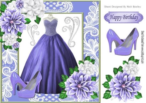 Pretty purple ball gown with flowers and shoes in lace ornate 8x8 frame