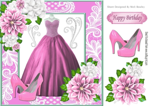 Pretty pink ball gown with flowers and shoes in lace ornate 8x8 frame