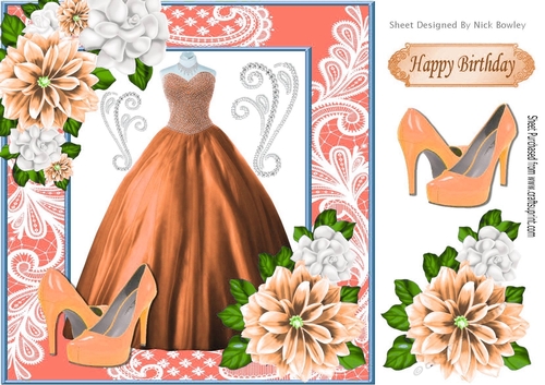 Pretty peach ball gown with flowers and shoes in lace ornate 8x8 frame