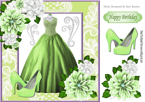 Pretty green ball gown with flowers and shoes in lace ornate 8x8 frame
