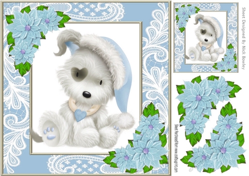 Cute puppy in blue  in ornate lace 8x8 frame