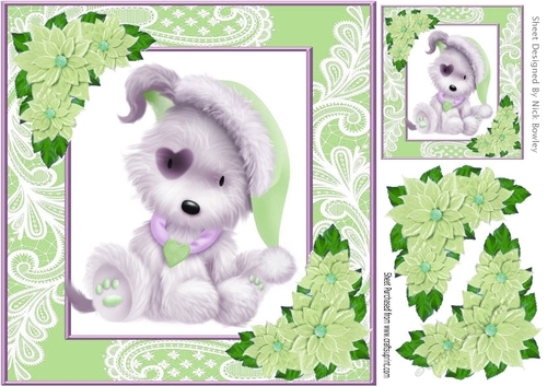 Cute puppy in green  in ornate lace 8x8 frame