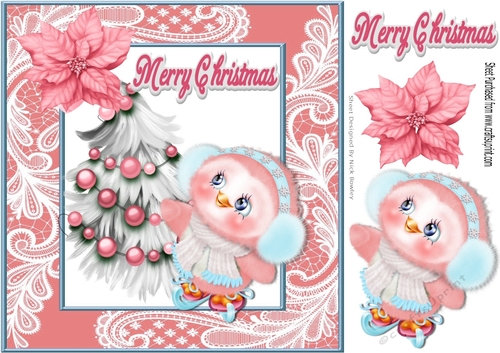 Cute little pink bird,with tree in lace frame 8x8