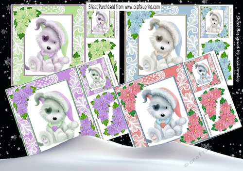  4 Cute puppies in hats, card fronts  in ornate lace 8x8 frame, mini kit 