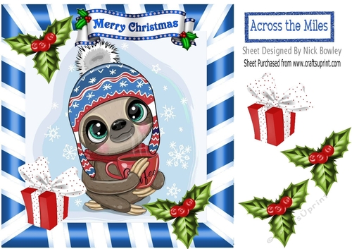 Cute Sloth in winter hat with holly in blue striped 8x8 frame