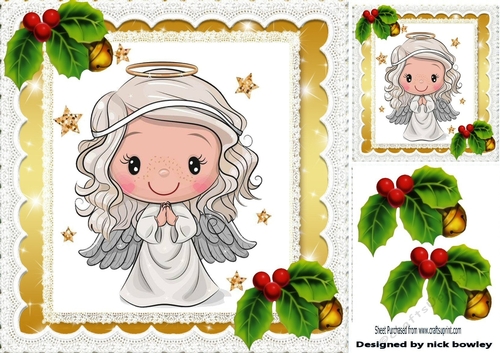 Pretty angel in gold star frame with holly and bells 8x8