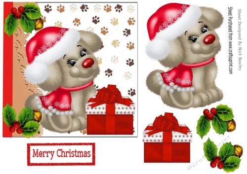 Cute chrismas puppy in red santa hat with holly 7x7
