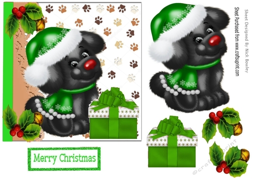 Cute chrismas puppy in green santa hat with holly 7x7