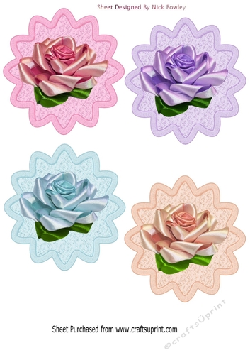 4 Pretty Satin Rose toppers, on lace scalloped mats