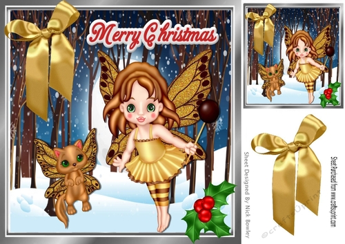 christmas gold faerie with her cat in a enchanted snow woods 8x8