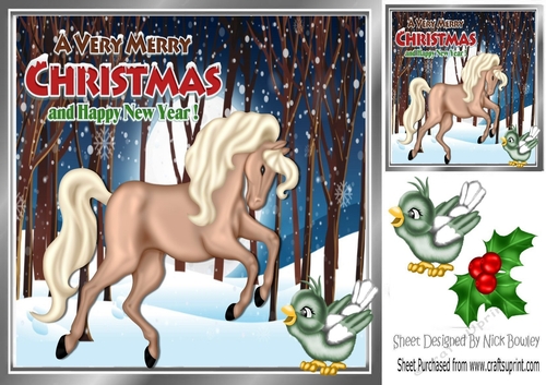 beautiful palomino horse with bird in a enchanted snow woods 8x8
