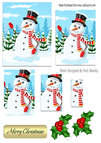 A lovely Jolly snowman with pyramids and holly