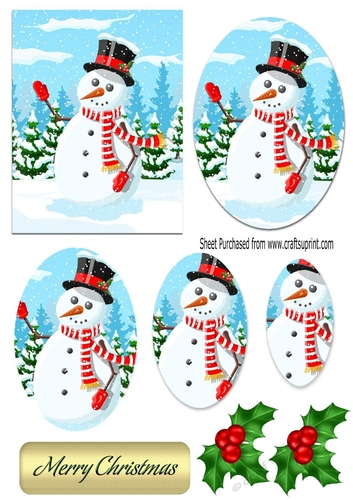 A lovely Jolly snowman with oval pyramids and holly