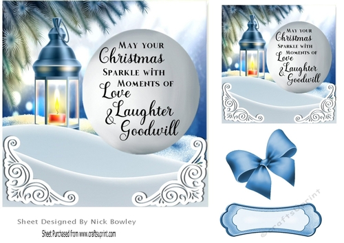Pretty scene card front (blue) of  snow/candle lamp and verse 7x7